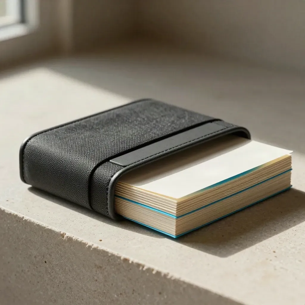 Macro of a compliance binder sleeve, blank tabs and card stack on pale limestone.