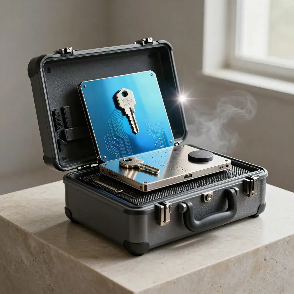 Opened cyber defense case with cyan-lit modules on stone, mist, and dramatic studio light.