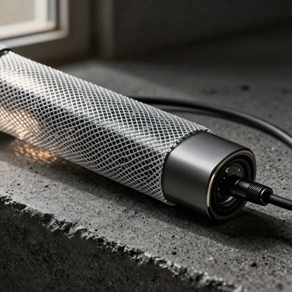 Graphite cyber monitoring kit with mesh sleeve, cable loop, sealed drive on concrete in hazy light