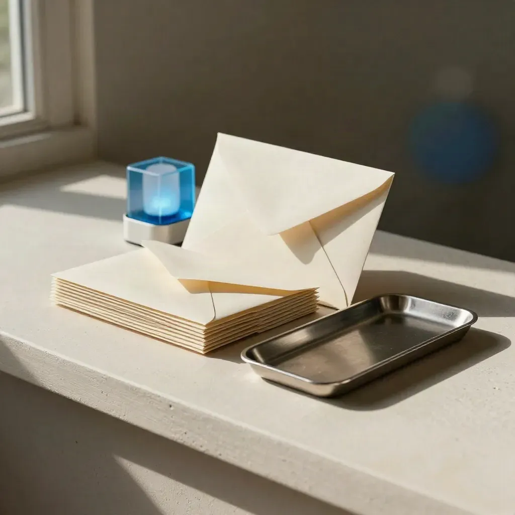 Phishing training bundle on a plaster ledge with envelope stack, beacon cube, and token tray.