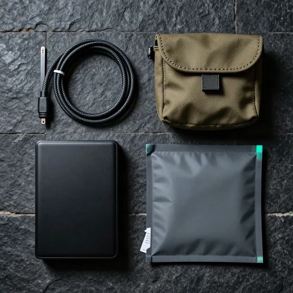 Overhead flatlay of backup drive, cable, pouch and recovery sleeve on dark basalt stone.