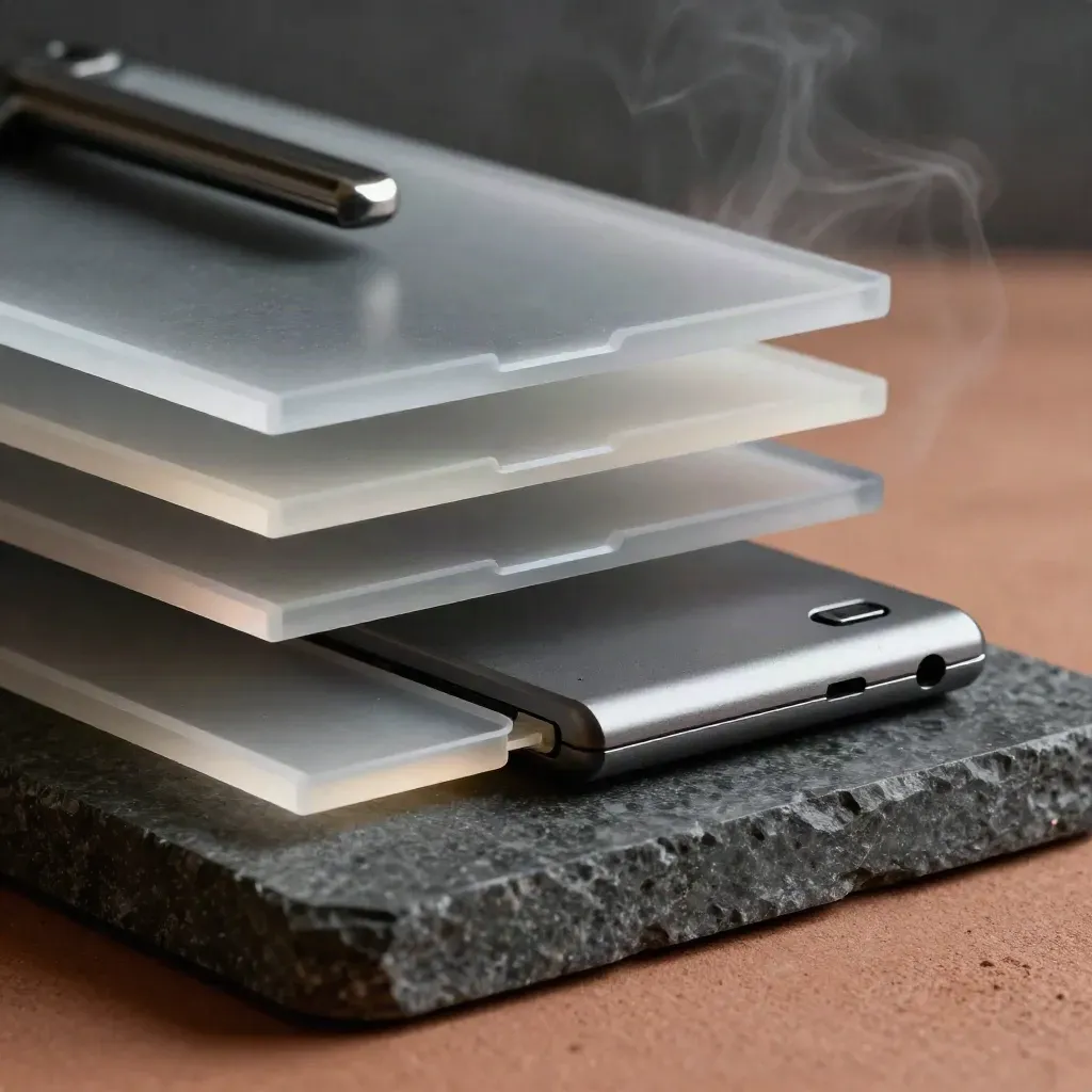 Extreme macro of a tiered cybersecurity monitoring kit with translucent panels on dark stone.