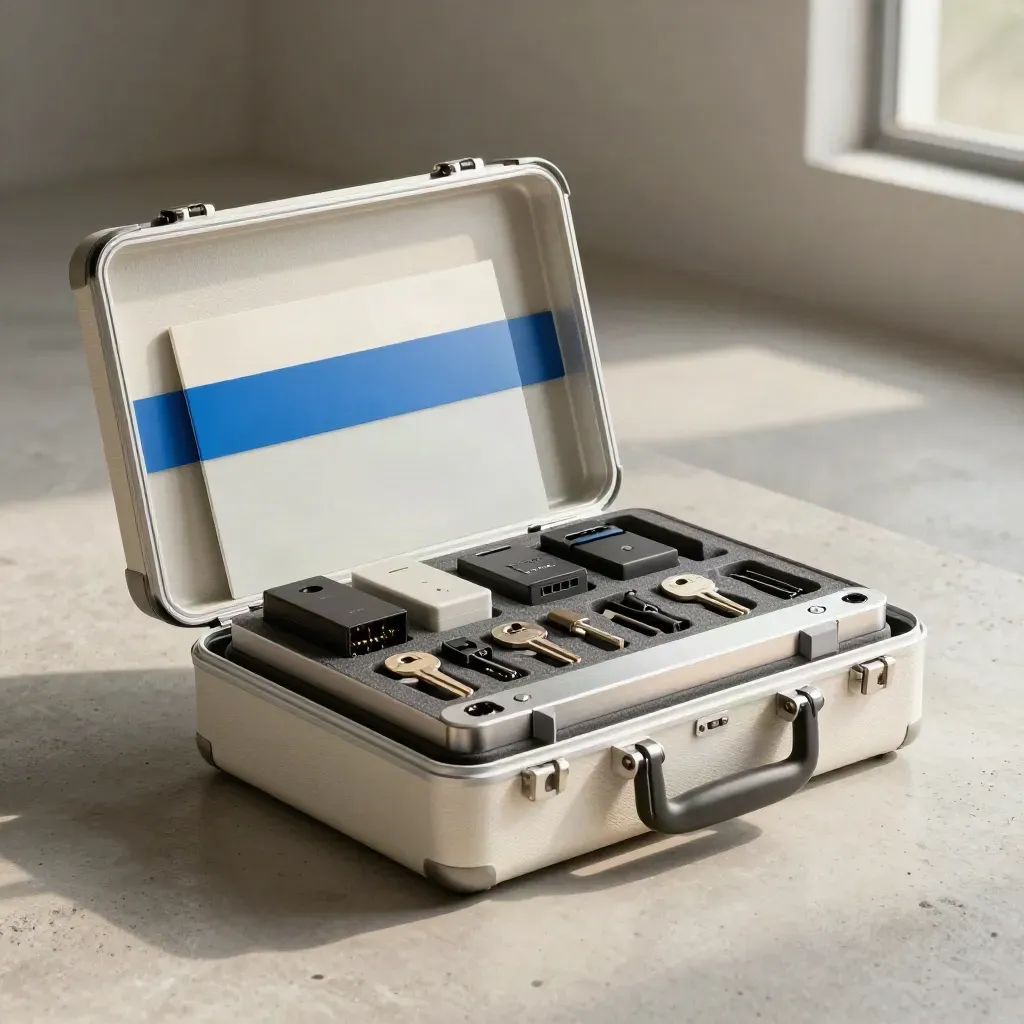 Open audit case with nested adapters on pale concrete, misty and cobalt-accented.