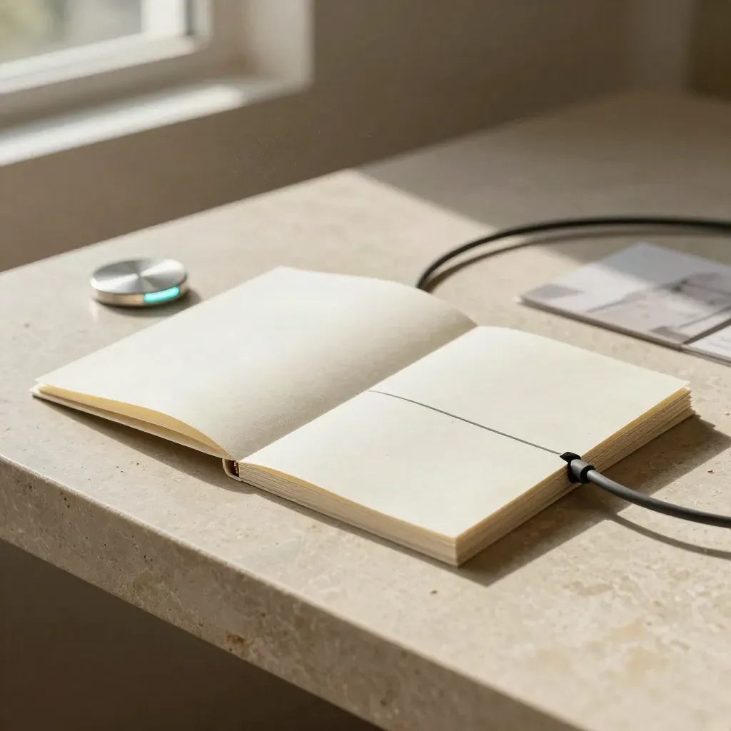 Compliance toolkit on limestone with blank sheets, cable arc, and cyan token under soft side light