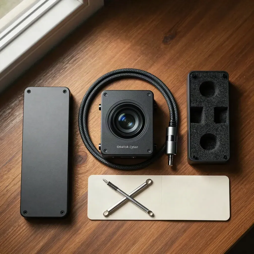 Overhead flatlay of a monitoring sensor, cable, sleeve and precision tools on warm wood.