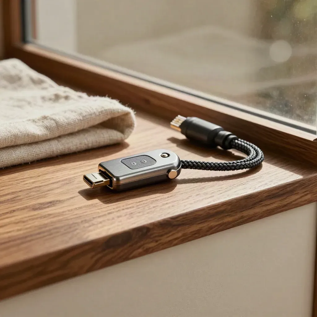 Sunlit oak corner with cyber key, network tap and cable loop on a calm neutral surface