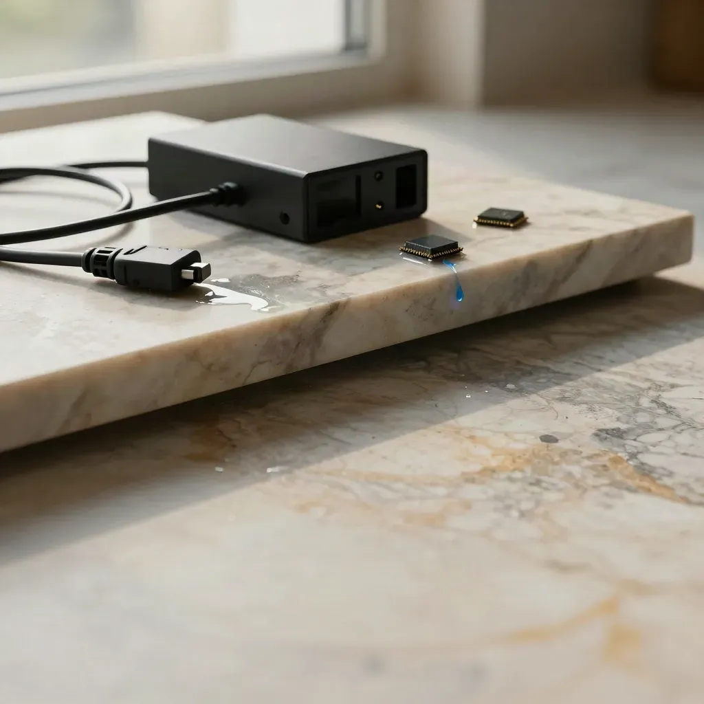 Wet marble shelf with black block, cable loop and ceramic chips in misty light.