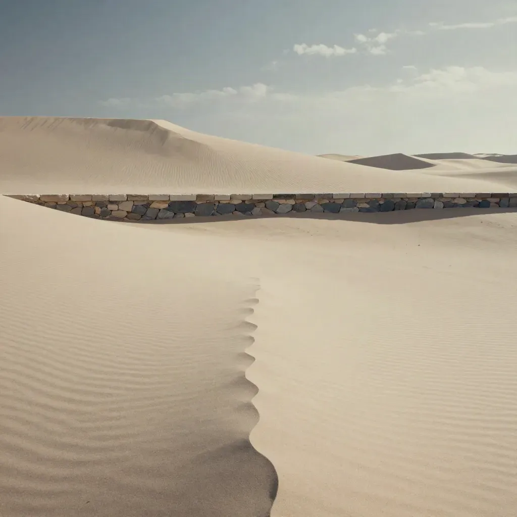 Wind-brushed sand dune with a stone ledge under a soft sky, calm copy space below.