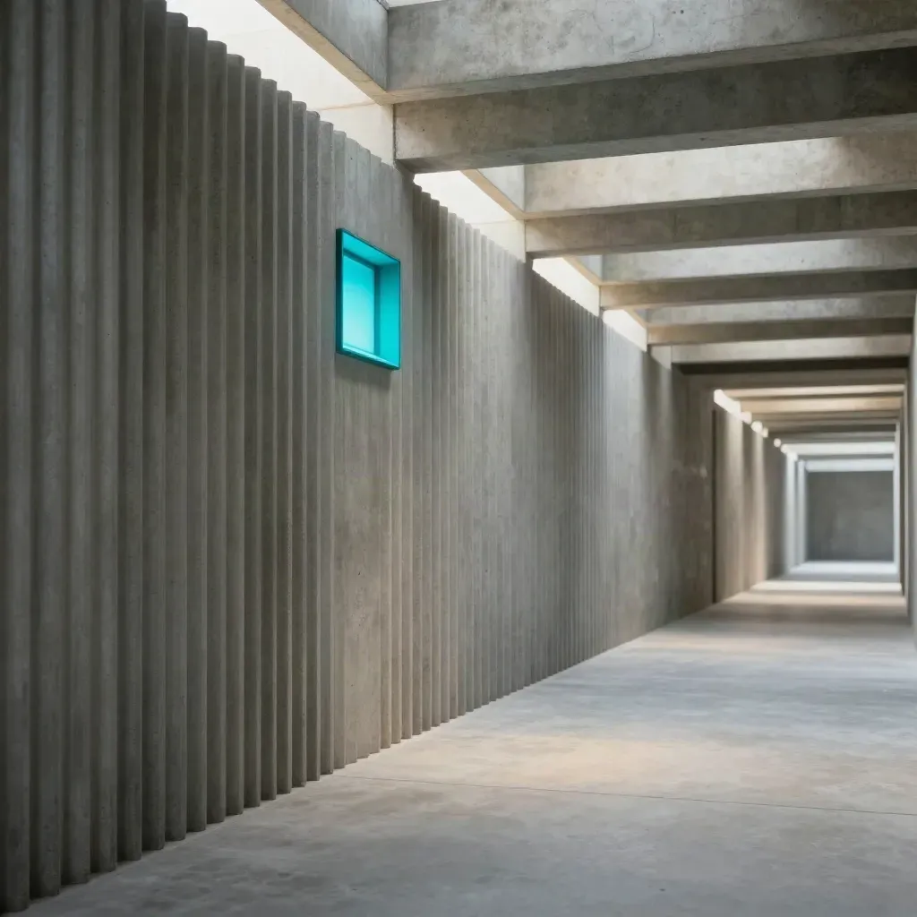 Sunlit concrete corridor with repeating ribs and a small cyan panel above a calm floor.