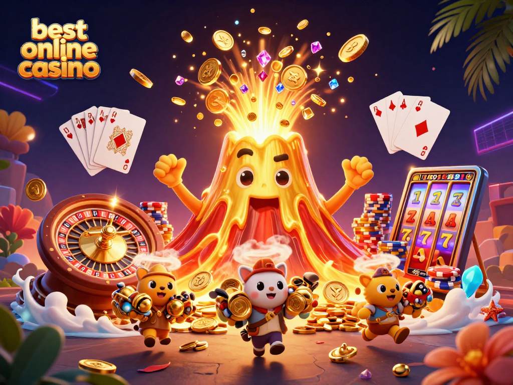 Experience the best online casino with winning treasures from a vibrant volcano scene.