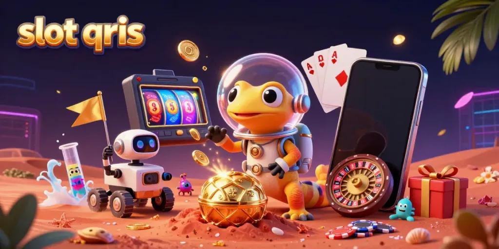 Engage in exciting gaming with slot qris featuring a Martian gecko uncovering a hidden casino treasure.