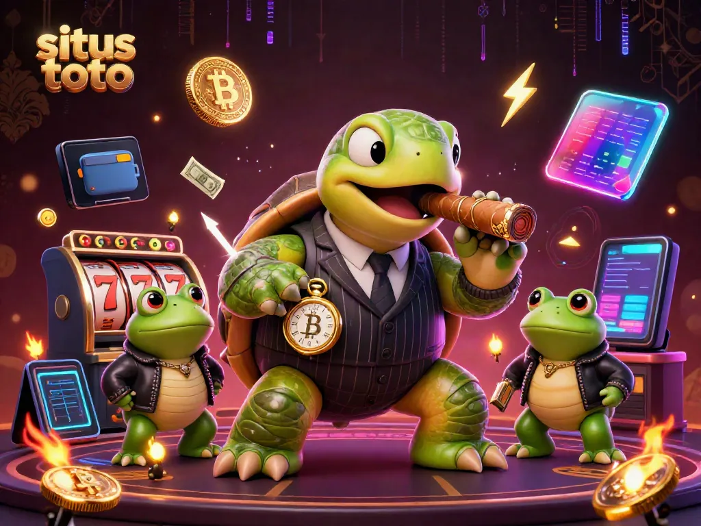 Experience high-stakes excitement with situs toto's vibrant 3D illustration of a snapping turtle mobster among casino elements.