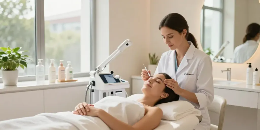 Client undergoing Augenringe entfernen treatment in a modern beauty room, showcasing professional skincare.
