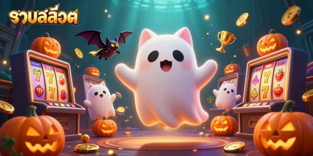 Engage with รวมสล็อต at a haunted casino featuring a friendly ghost cat and vibrant slot machine elements.