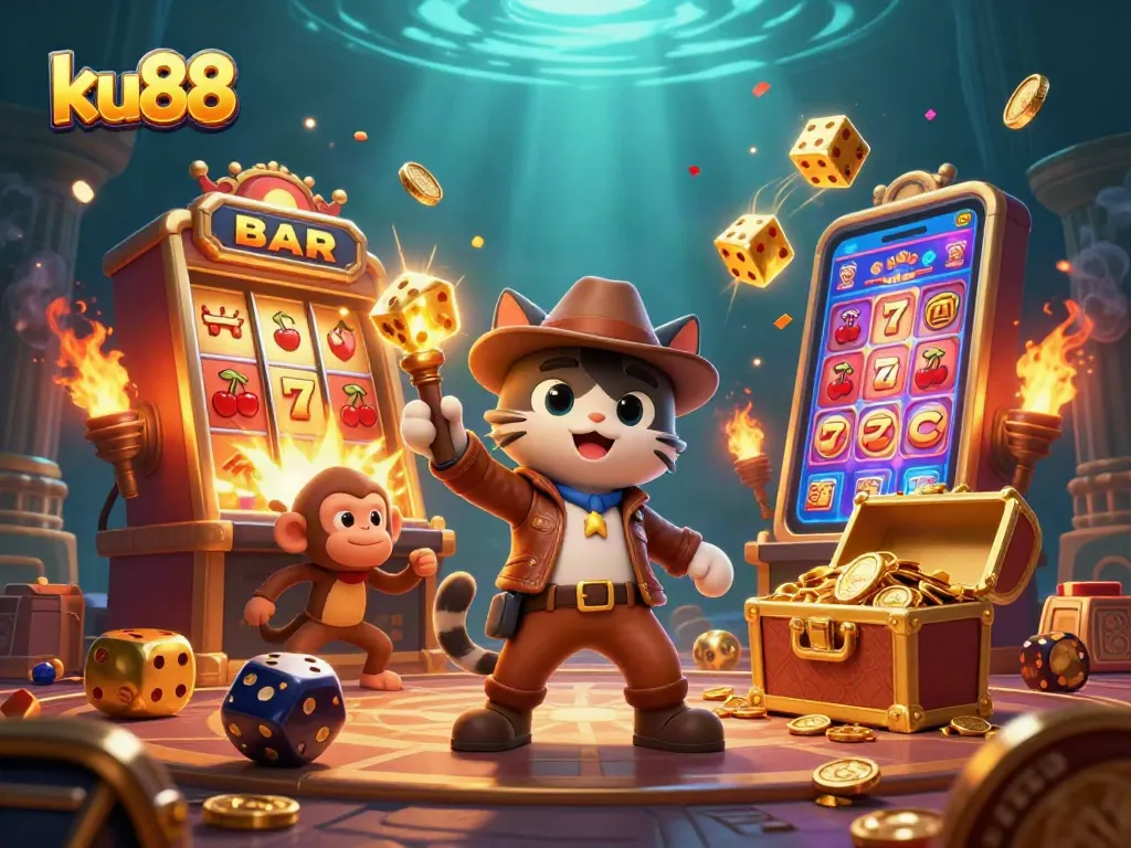 Experience winning at ku88 with a vibrant casino adventure featuring a cartoon archaeologist cat and jackpot excitement.