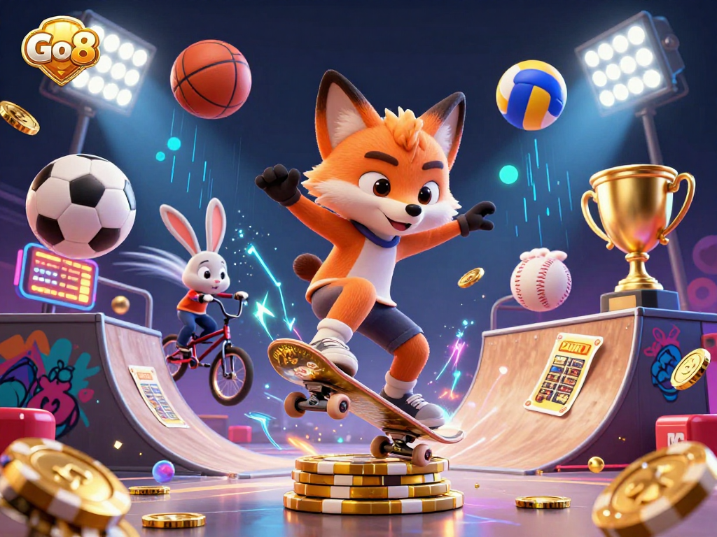 Experience Go8 with a vibrant scene of a fox and rabbit in a dynamic casino environment, showcasing sports and gaming elements.