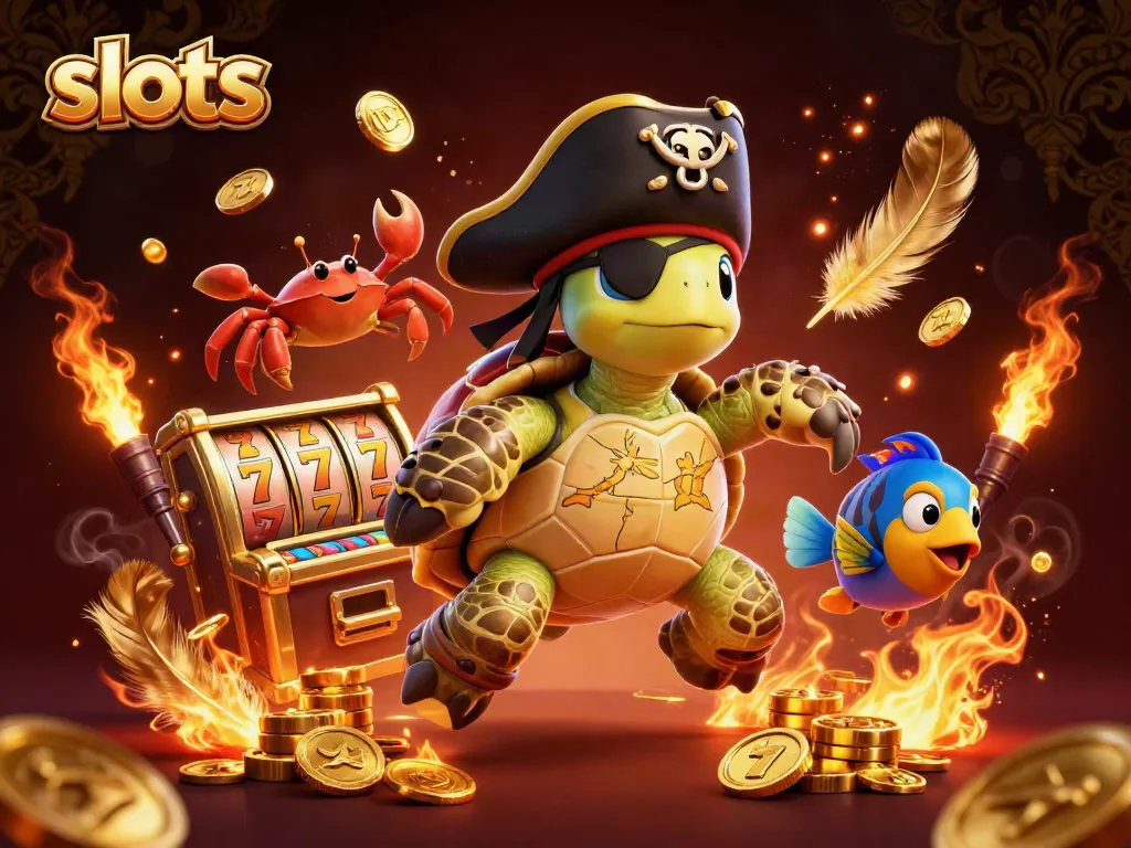 Engage with vibrant slots scene featuring a pirate turtle and treasure amidst swirling golden elements.