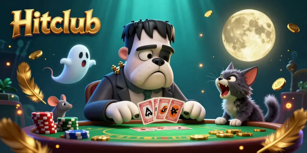 Experience a thrilling Hitclub scene with a Frankenstein bulldog dealing cards amidst a ghost mouse and werewolf kitten in a vibrant casino.