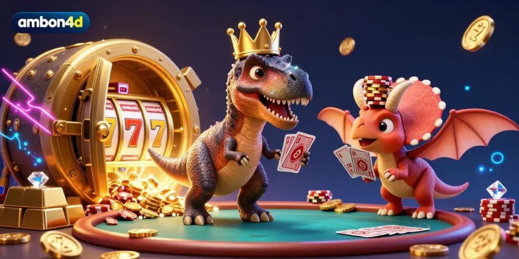 Join the fun at ambon4d as a T-Rex plays cards, surrounded by golden treasures and slot elements.