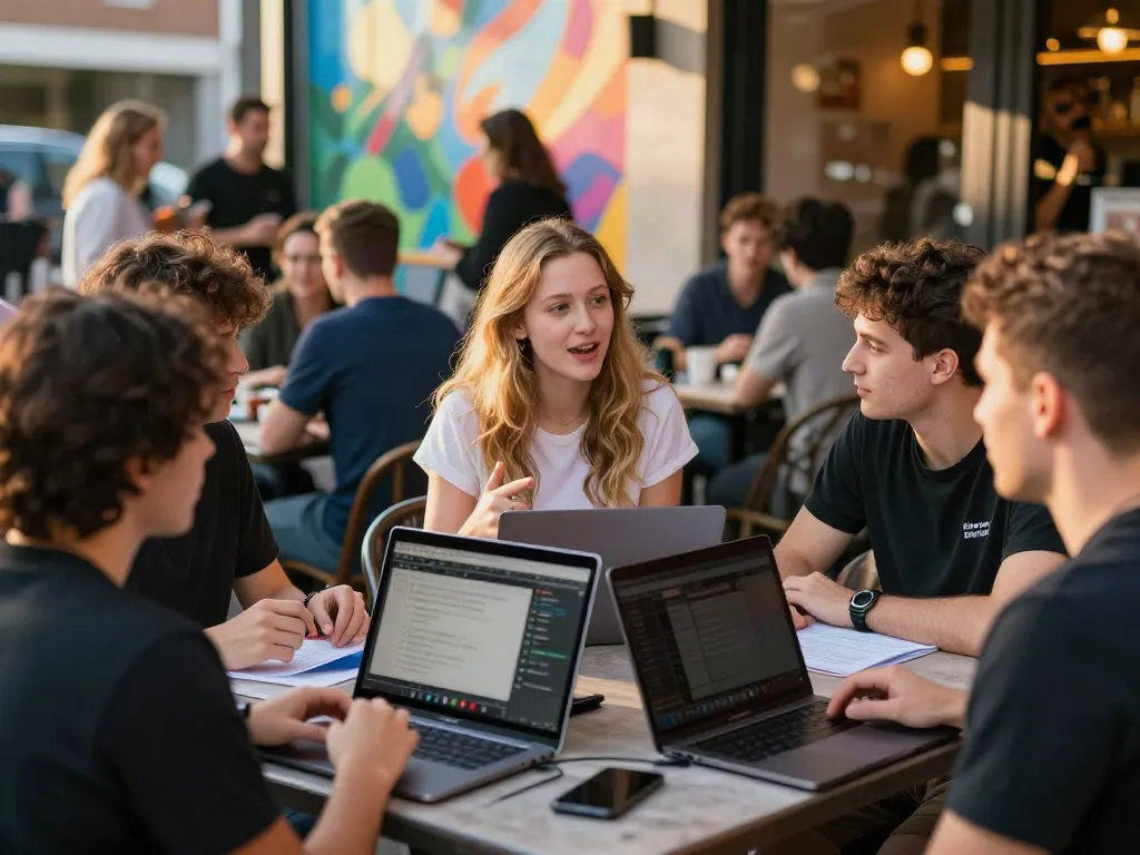 Chloe Sunderland engaging with young activists, discussing men's rights, in a vibrant urban café setting.