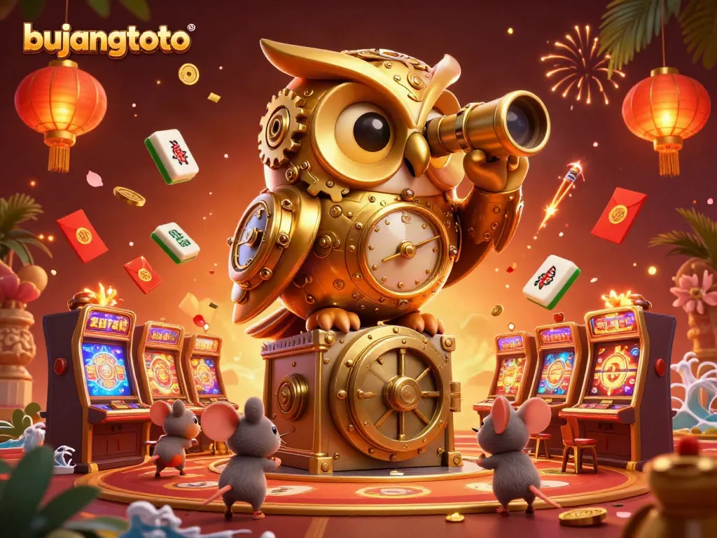 Experience exciting gameplay at bujangtoto with a whimsical 3D casino scene featuring an owl and lively mouse patrons.