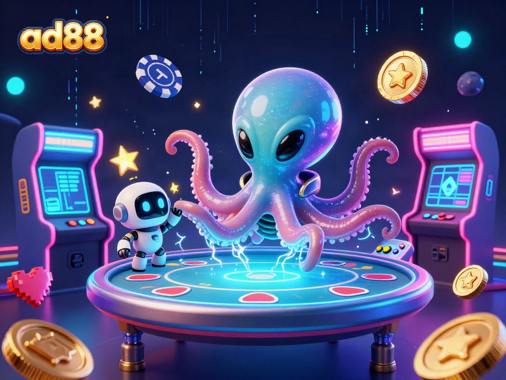 ad88 showcases a vibrant alien poker scene with an octopus and robot. Play and win with thrilling designs!