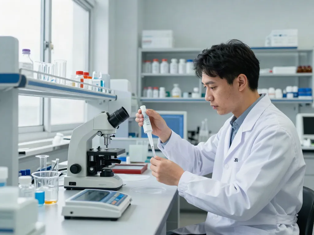 Buy Semax online in a professional lab environment with detailed equipment and a researcher at work.