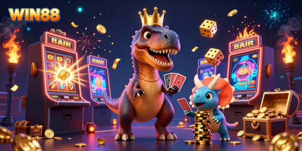WIN88 showcases a lively 3D scene with a T-Rex and friends at a vibrant casino, featuring slot machines and vibrant colors.