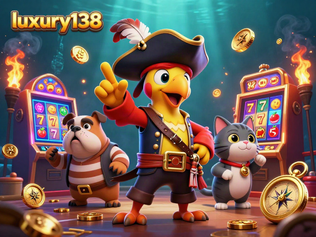 luxury138 menunjukkan keseruan permainan slot 3D dengan karakter kartun di lingkungan kasino yang menawan