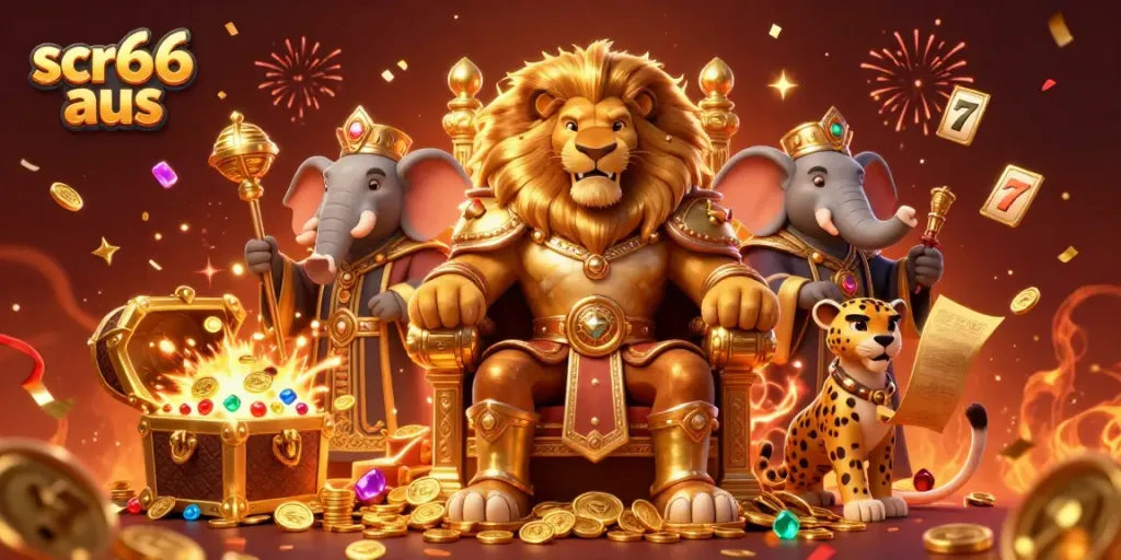 Experience thrilling gameplay at scr66 aus with a lion king, wise advisor, and swift messenger in a vibrant casino scene.