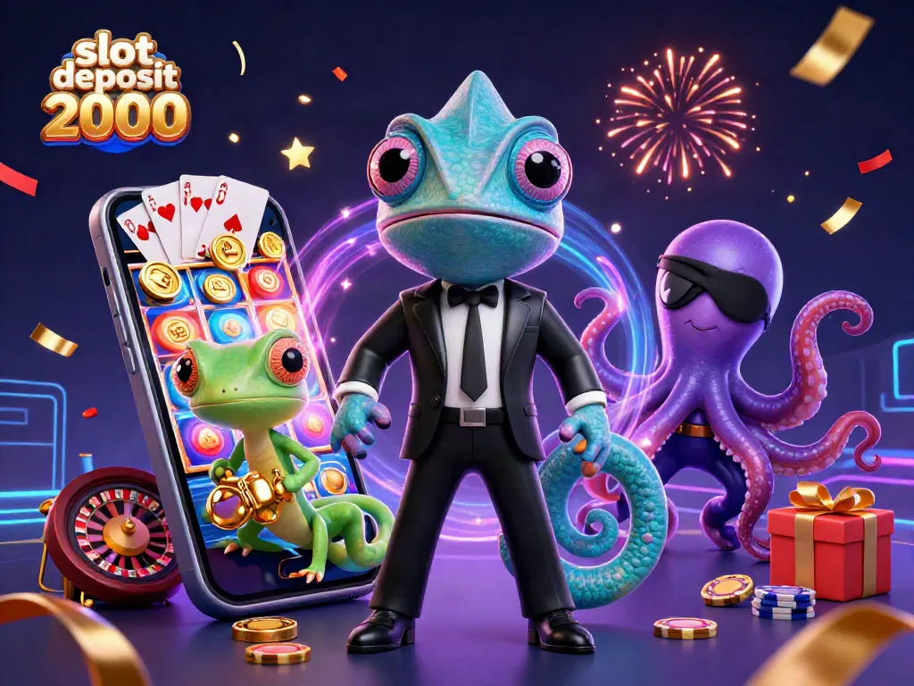 Engage in the thrill of slot deposit 2000 with a cartoonish 3D casino scene featuring vibrant game elements.