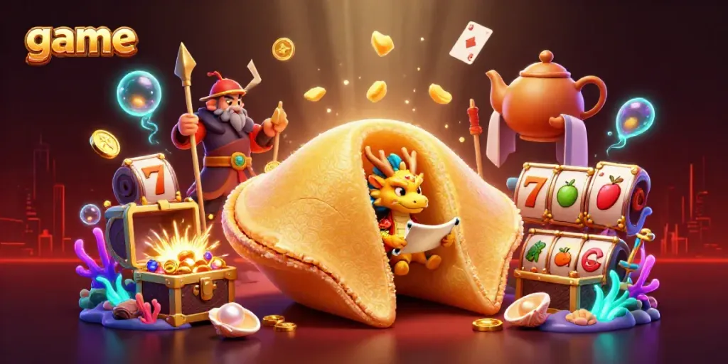 Experience the thrilling game action in this vibrant casino-inspired 3D illustration filled with unique characters and treasures.
