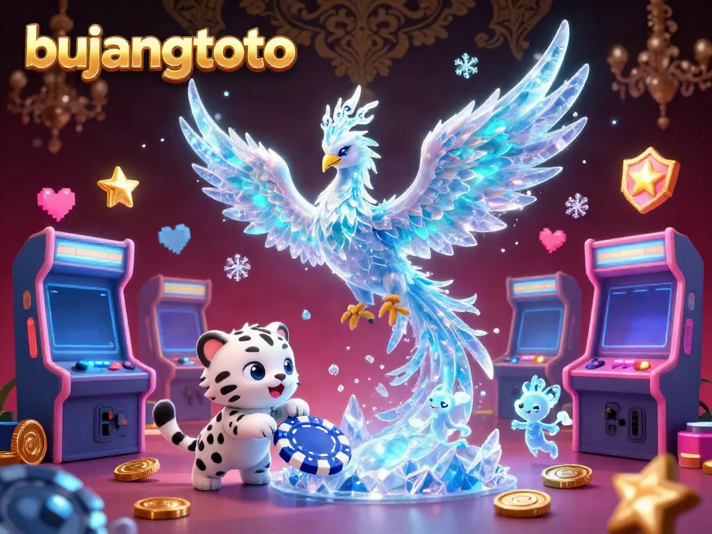 Experience the vibrant world of bujangtoto as playful characters interact amidst glowing game machines and casino elements.