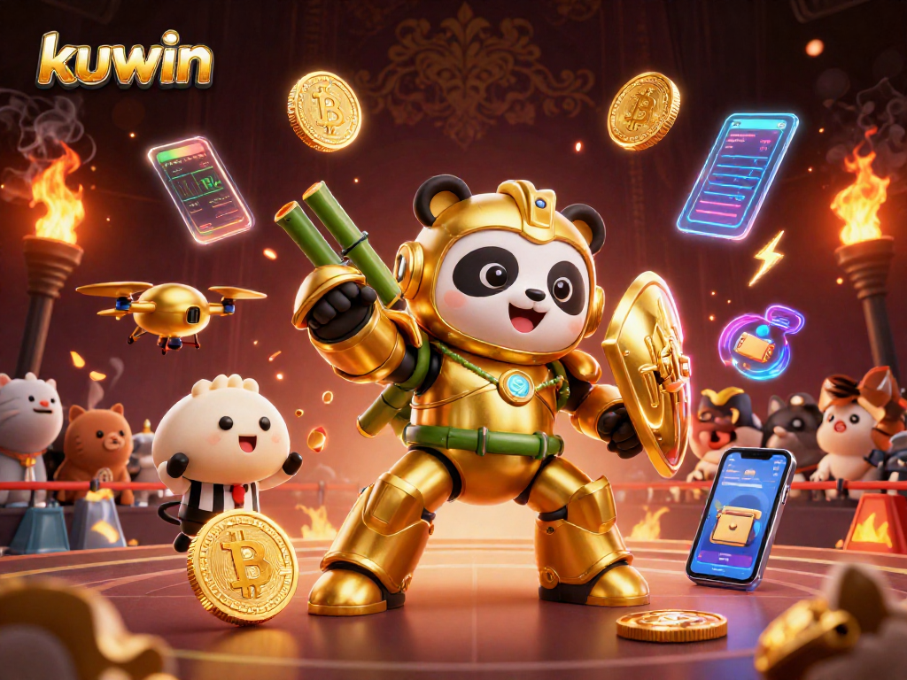 Engage in kuwin casino excitement with a golden panda and crypto coins in a vibrant arena