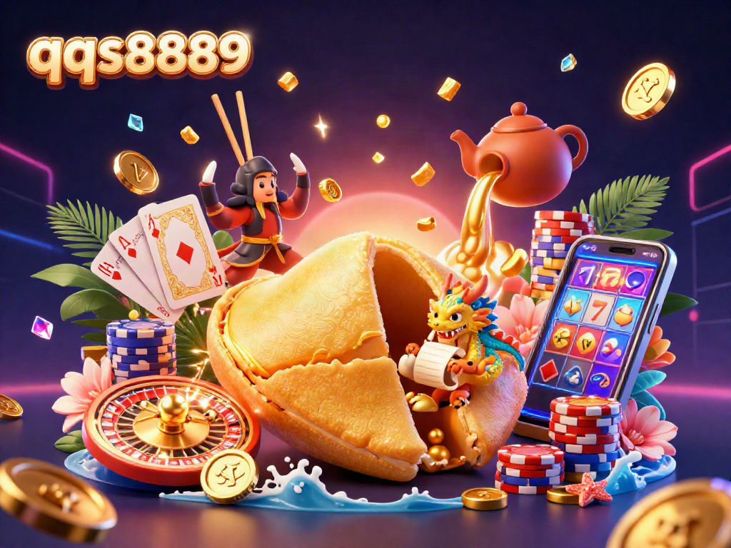 Experience thrilling games like slots and roulette at qqs8889 with a vibrant casino illustration showcasing golden treasures.