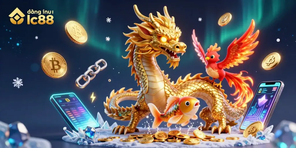 Engage in action at đăng nhập lc88, featuring a golden dragon, phoenix, and koi fish amidst cryptocurrency symbols.