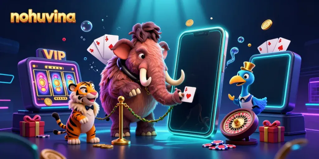 Nohuvina's captivating casino scene showcases a mammoth bouncer and a saber-tooth tiger VIP amidst vibrant slot elements and gold coins.