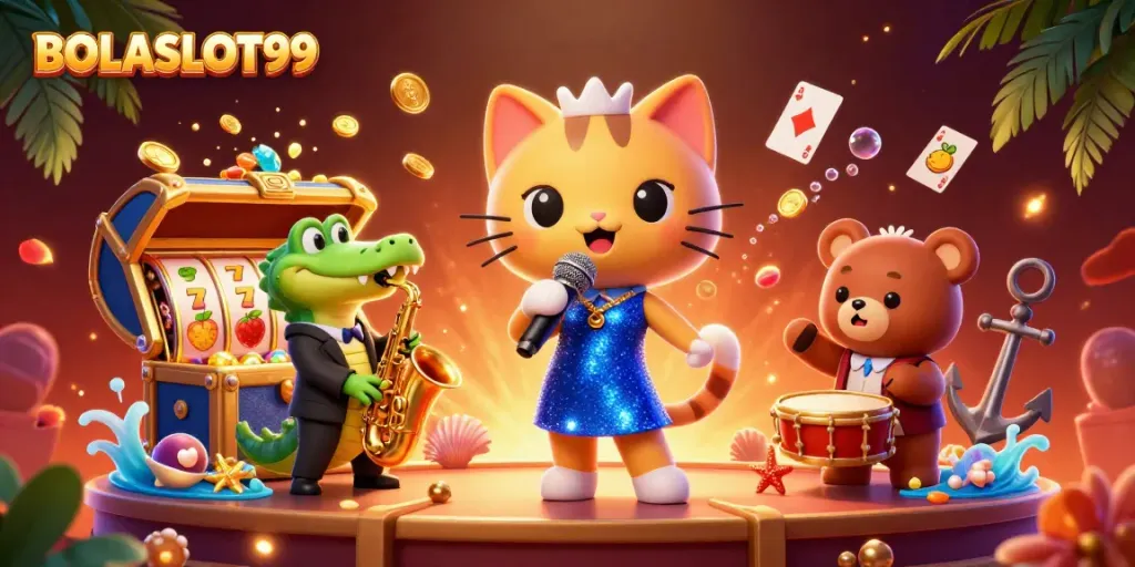 Experience the excitement of BOLASLOT99 with vibrant casino characters and slot game elements.