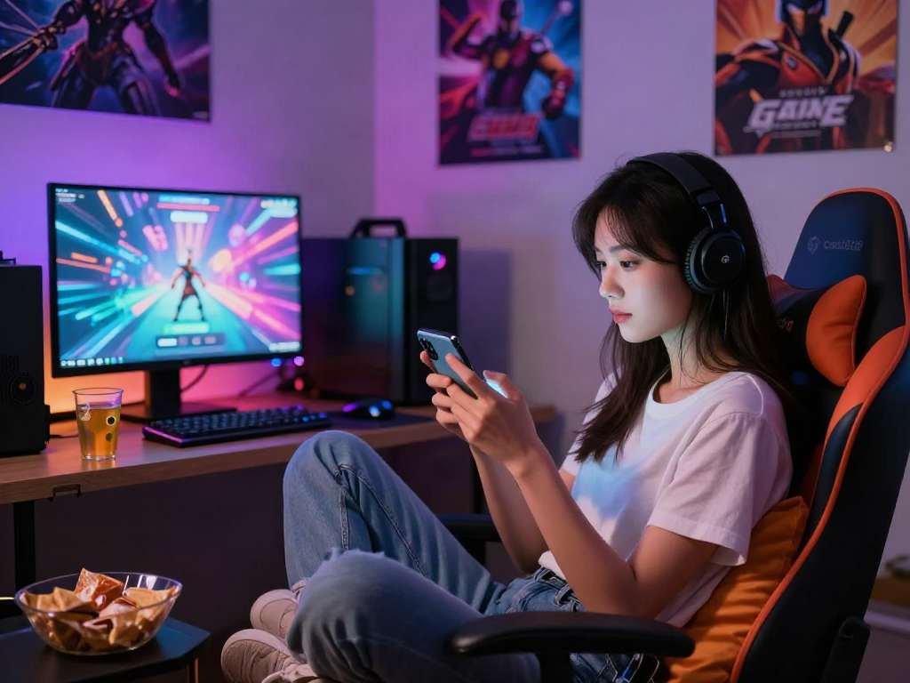 Young woman enjoying mobile porn games in a cozy gaming nook.