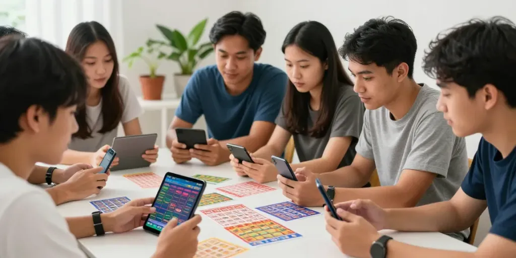 Kelompok teman berkumpul untuk membahas strategi bukumimpi138 login dengan tiket lotere di meja.