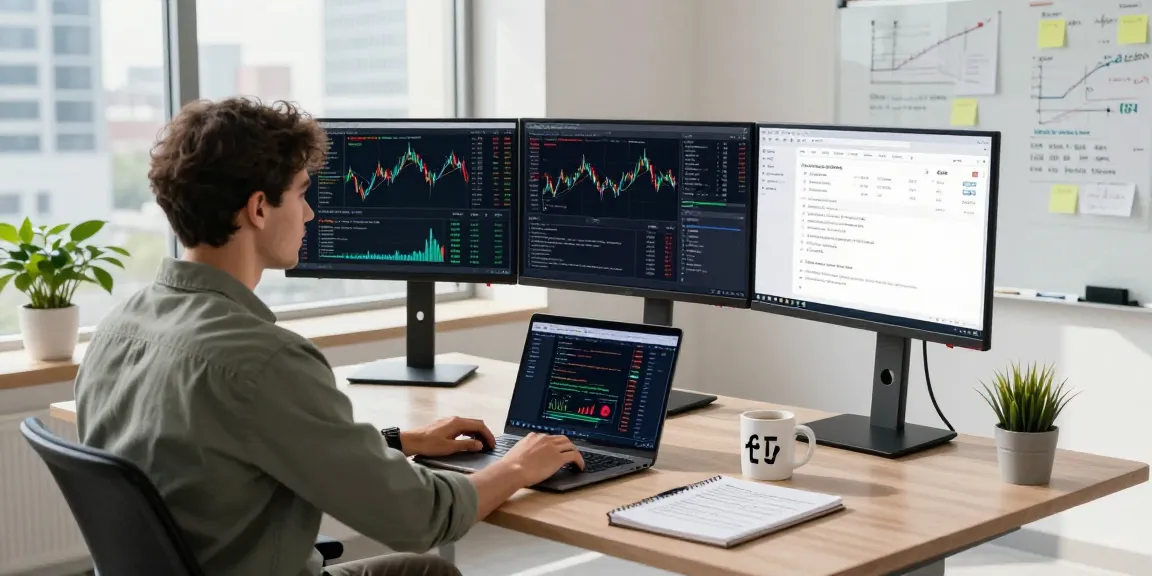 Developer analyzing global index real-time API data on multiple monitors in a modern office.