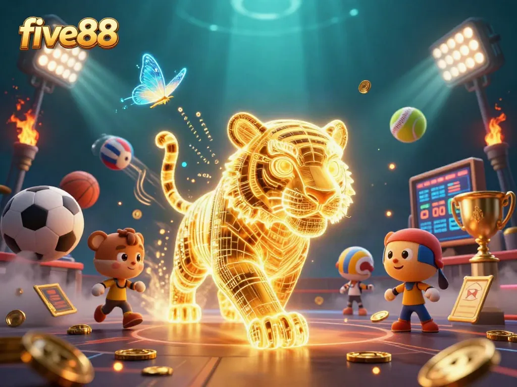 Experience thrilling gameplay at five88 with neon tigers amidst sports elements and vibrant casino graphics.
