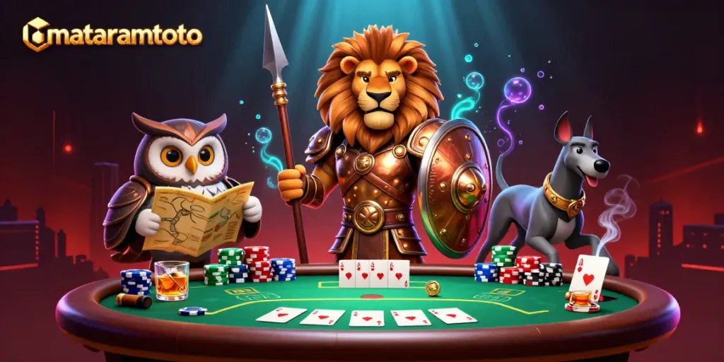 Engage with mataramtoto through a dynamic scene showcasing a Spartan lion, tactical owl, and swift greyhound amidst poker action