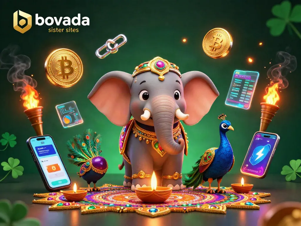 Bettors explore Bovada sister sites with a vibrant 3D display of a casino-themed elephant, cryptocurrency elements, and colorful decorations.