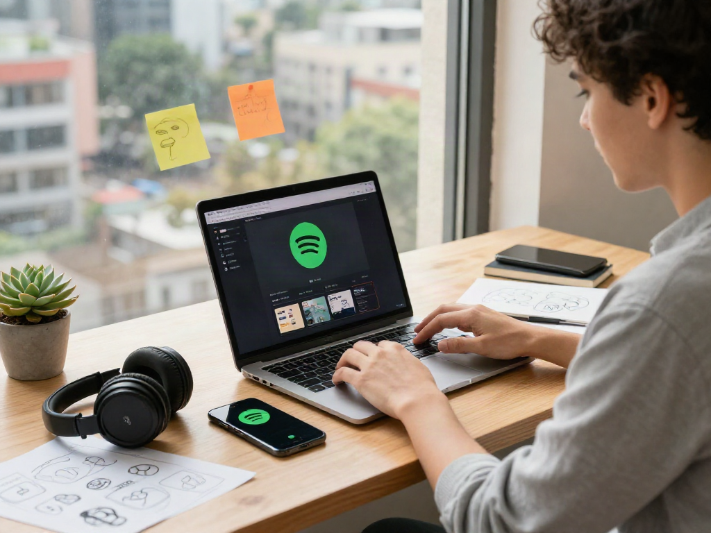 Engaging workspace with spotify mod apk setup and creative app sketches in vibrant city view.