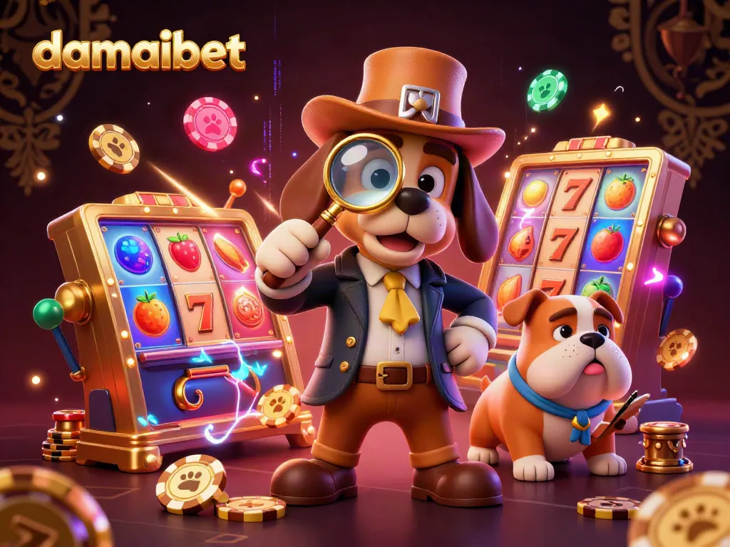 damaibet showcases a detective bloodhound examining a poker chip amid vibrant slot machines and neon accents.