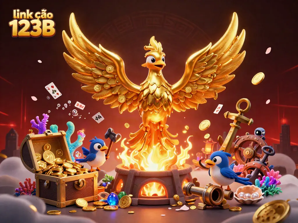Engage with link vào 123B through dynamic 3D casino imagery featuring a molten metal phoenix and vibrant treasure elements.