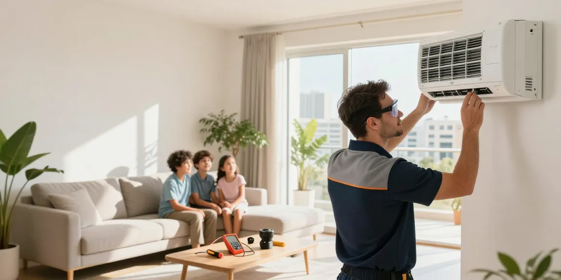 Split AC repair technician inspecting a home AC unit in a bright Dubai living room.