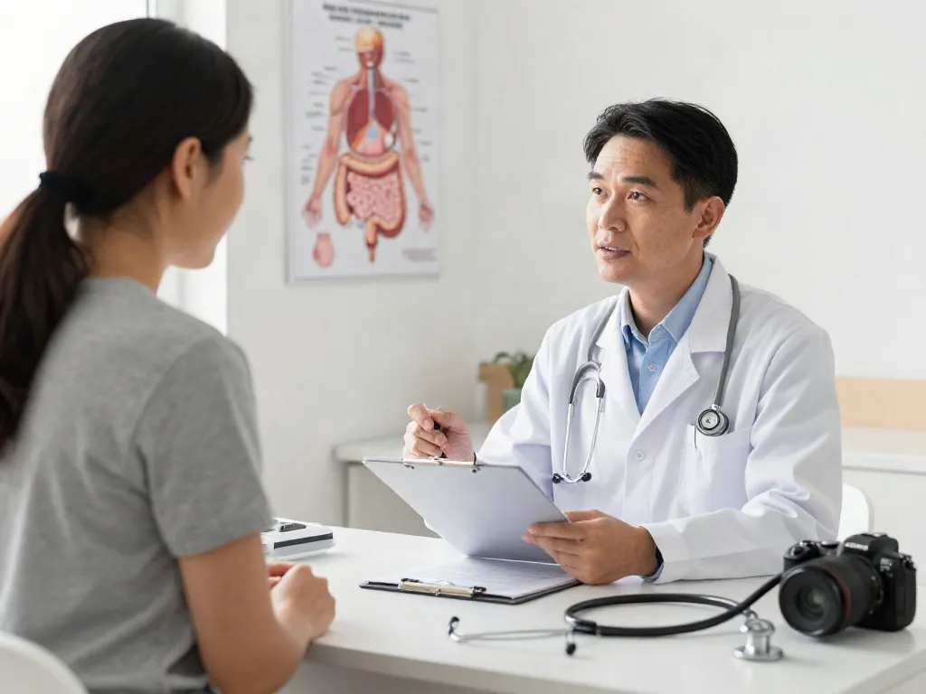 Irritable bowel syndrome consultation between a patient and doctor in a bright exam room, showing trust and professionalism.
