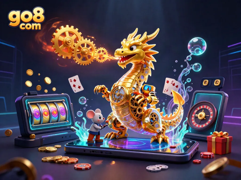 Engage with thrilling gameplay at go8 com, featuring a golden dragon amidst slot games and vibrant casino elements.